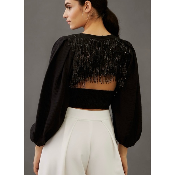 ❤️ NWT! Anthropologie x Current Air Black Sequin Cutout Back Blouse - Picture 3 of 8